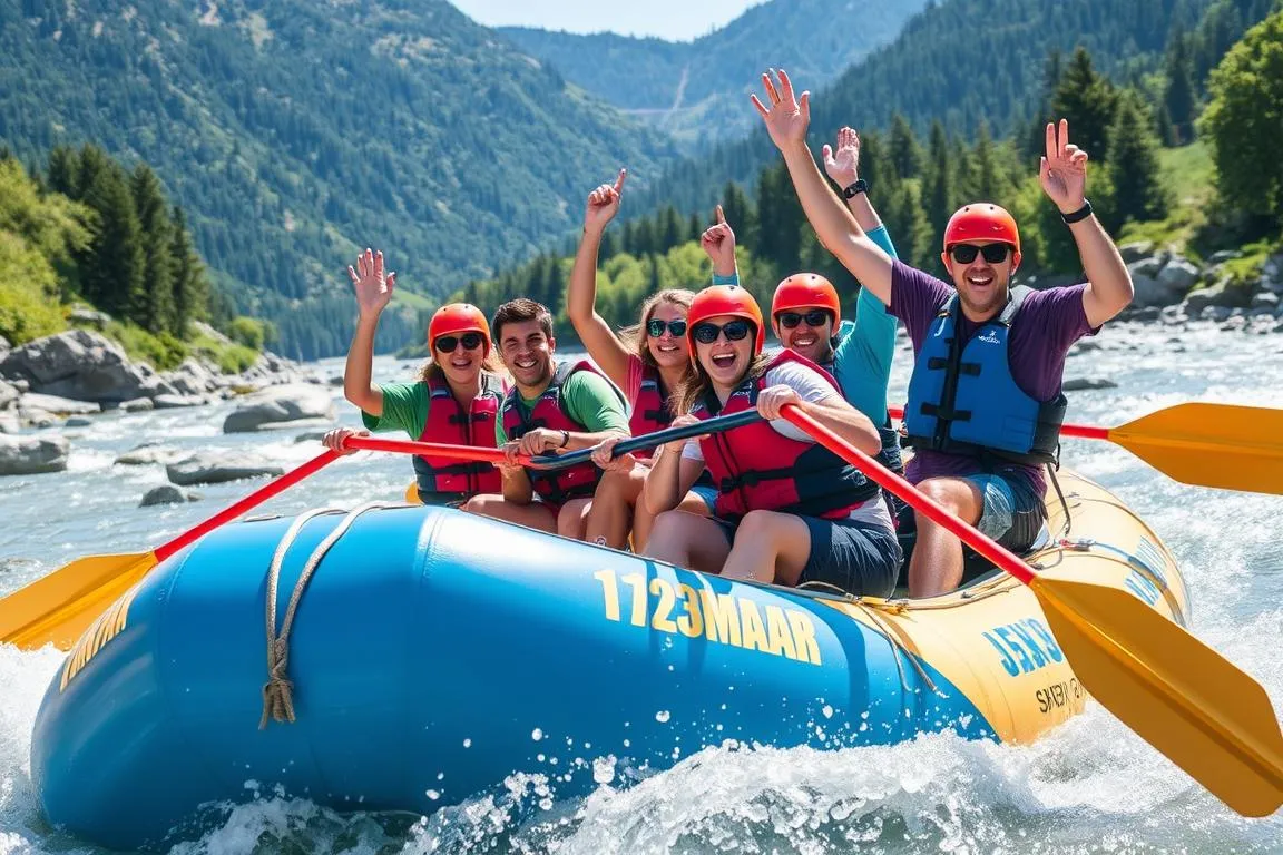 Generiere ein Bild von einem Team, das gemeinsam eine Rafting-Tour im Allgäu unternimmt.