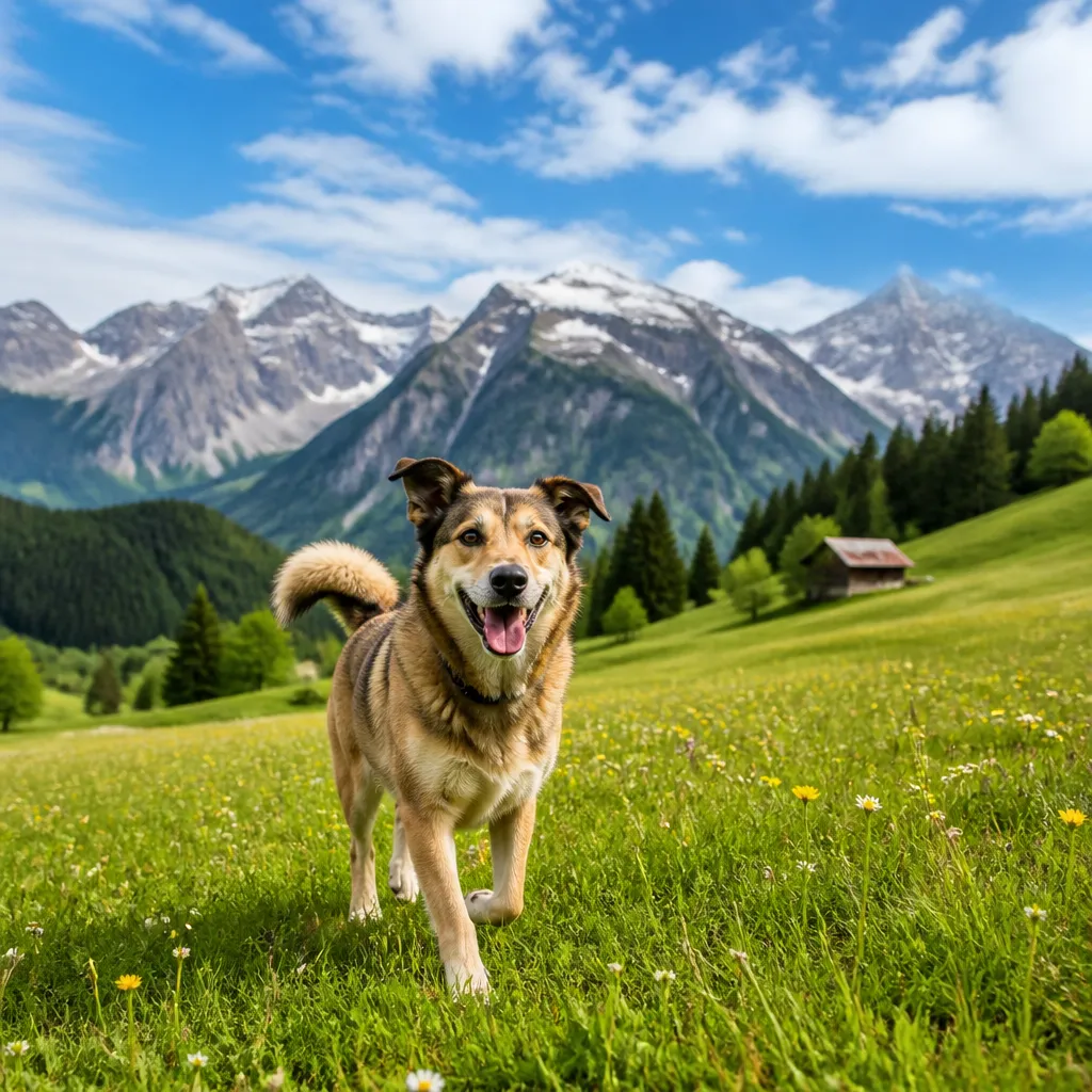 Hund läuft frei über eine grüne Wiese im Allgäu mit Bergen im Hintergrund