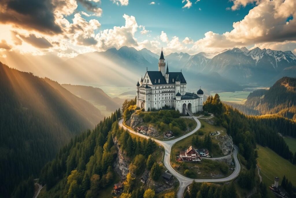 A breathtaking aerial view of Schloss Neuschwanstein, nestled in the picturesque Bavarian Alps. The imposing castle, perched atop a rugged clifftop, is framed by lush green forests and snow-capped peaks. The winding road leading up to the castle winds through a serene valley, dotted with quaint houses and lush meadows. Warm, golden sunlight filters through the clouds, casting a soft, romantic glow over the scene. The overall atmosphere evokes a sense of fairytale wonder and historic grandeur, perfectly capturing the essence of the "Märchenschloss" (fairy-tale castle).