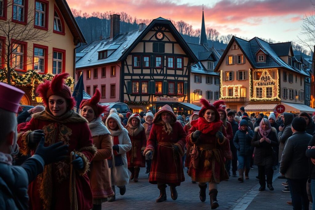 A bustling street scene on a winter's eve, the air crisp and the sky aglow with the warm hues of dusk. In the foreground, a lively procession of figures in elaborate costumes and masks, their movements animated and energetic, enacting the ancient Klausentreiben tradition. In the middle ground, crowds of onlookers, bundled against the cold, their faces alight with wonder and excitement. In the background, the historic buildings of a quaint alpine town, their facades adorned with twinkling lights, setting the stage for this captivating seasonal spectacle. Capture the spirit of this cherished holiday custom with a cinematic wide-angle lens, the lighting balanced to create a magical, almost fairytale-like atmosphere.