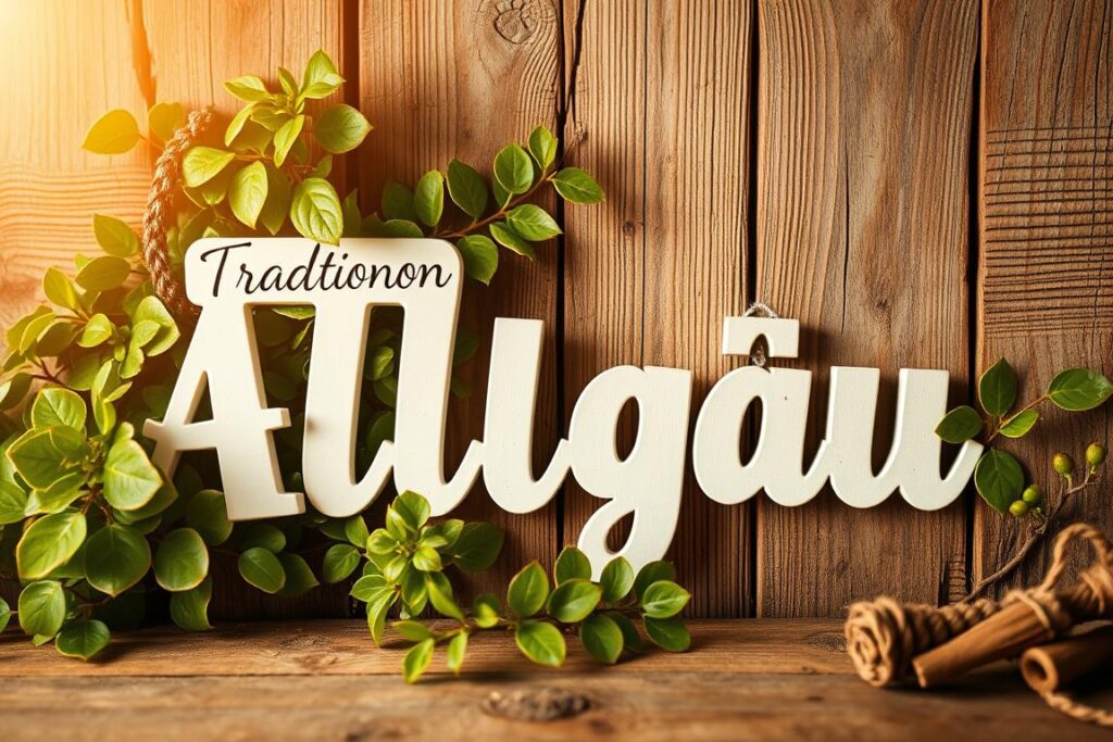 A cozy, inviting scene showcasing a selection of traditional Allgäu words written in a delicate, handwritten font against a rustic, wooden background. The words are arranged artfully, with some partially obscured by lush, vibrant foliage, evoking the region's natural beauty. Warm, golden lighting filters through the scene, casting a soft, nostalgic glow and highlighting the textural details of the materials. The composition is balanced, with the words taking center stage while the background elements provide a harmonious, complementary setting. An overall sense of authenticity and cultural significance permeates the image, inviting the viewer to explore the unique linguistic heritage of the Allgäu region.