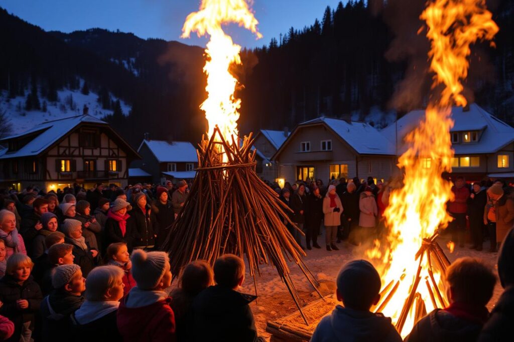 A cozy village in the Allgäu region, nestled between rolling hills and snow-capped peaks. As the sun dips behind the mountains, the villagers gather around a towering pile of dry branches and logs, their faces aglow in the flickering firelight. The Funkenfeuer, a centuries-old tradition, is about to begin. Tall flames lick the air, casting an amber glow over the scene as the crowd watches in reverence. In the foreground, a group of children eagerly await the moment when the fire is lit, their excitement palpable. In the background, traditional Allgäu-style houses stand witness to this timeless ritual, their warm lights twinkling in the night. The air is crisp and clear, and the atmosphere is one of community, tradition, and the welcoming of the coming spring.