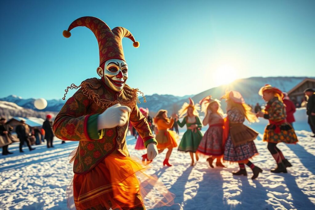 A group of colorful and intricately costumed "Narren" (traditional carnival fools) stand in a festive winter landscape, illuminated by warm golden light. In the foreground, a tall, masked figure with an exaggerated jester's hat and vibrant patterned clothing strikes a dynamic pose, their movements captured in a blur. In the middle ground, a cluster of other "Narren" dance and cavort, their masks and outfits a dazzling display of creativity and tradition. The background is a snowy alpine scene, with distant mountains and a clear blue sky overhead, evoking the distinct regional character of the Allgäu Fasnat carnival celebrations.