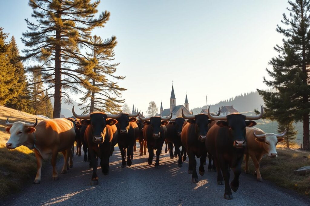 A herd of Allgäu cattle descending from the alpine pastures, their sturdy frames and curved horns silhouetted against a crisp, clear sky. The animals move in a synchronized procession, their hooves crunching on the gravel path as local farmers guide them down the mountain. Warm sunlight filters through the surrounding pine trees, casting a golden glow over the scene. In the distance, the traditional Bavarian farmhouses and church steeples of the Allgäu region come into view, completing this quintessential autumnal pastoral landscape. A classic Viehscheid, a timeless tradition of the Allgäu. A herd of Allgäu cattle descending from the alpine pastures, their sturdy frames and curved horns silhouetted against a crisp, clear sky. The animals move in a synchronized procession, their hooves crunching on the gravel path as local farmers guide them down the mountain. Warm sunlight filters through the surrounding pine trees, casting a golden glow over the scene. In the distance, the traditional Bavarian farmhouses and church steeples of the Allgäu region come into view, completing this quintessential autumnal pastoral landscape. A classic Viehscheid, a timeless tradition of the Allgäu.