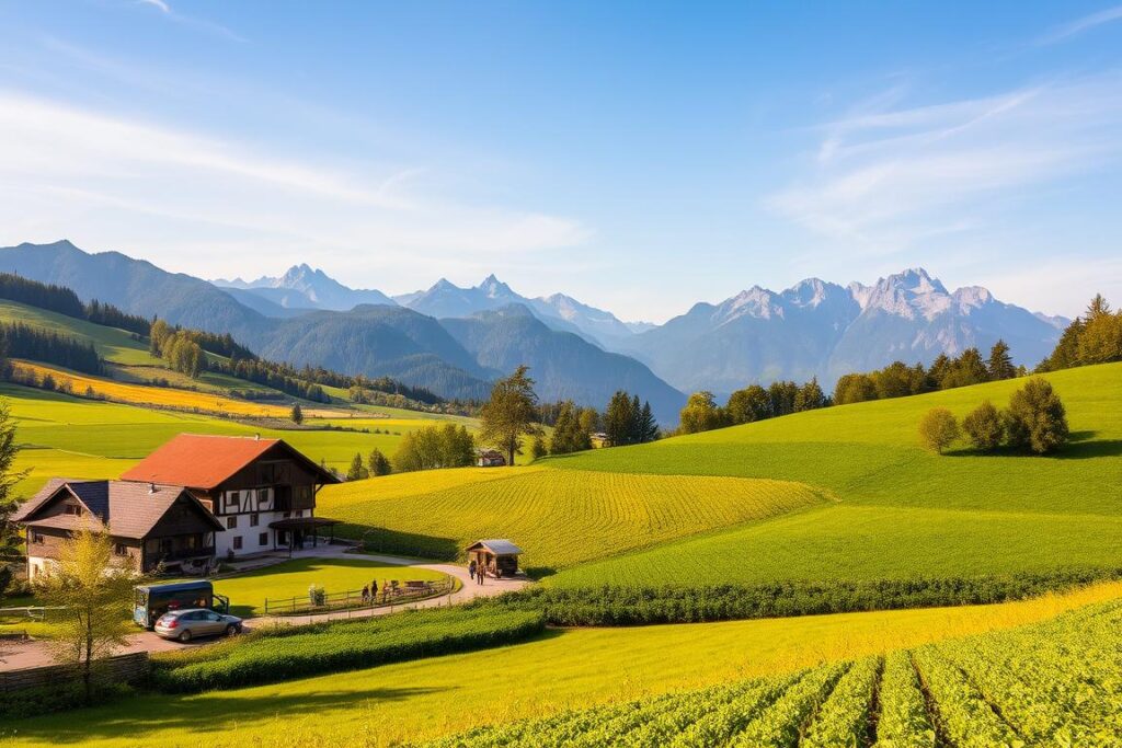 A lush, rolling landscape of the Allgäu region, showcasing the vibrant colors and diverse ecosystems of organic farming. In the foreground, a picturesque family-owned farm with traditional timber-framed buildings, surrounded by verdant pastures and neatly tended fields of organic produce. In the middle ground, a group of local farmers tending to their crops, using sustainable farming techniques that preserve the land's natural balance. In the background, the majestic peaks of the Allgäu Alps serve as a breathtaking backdrop, highlighting the region's stunning natural beauty. The scene is bathed in warm, golden sunlight, casting a serene and tranquil atmosphere that exemplifies the harmony between nature and human stewardship.