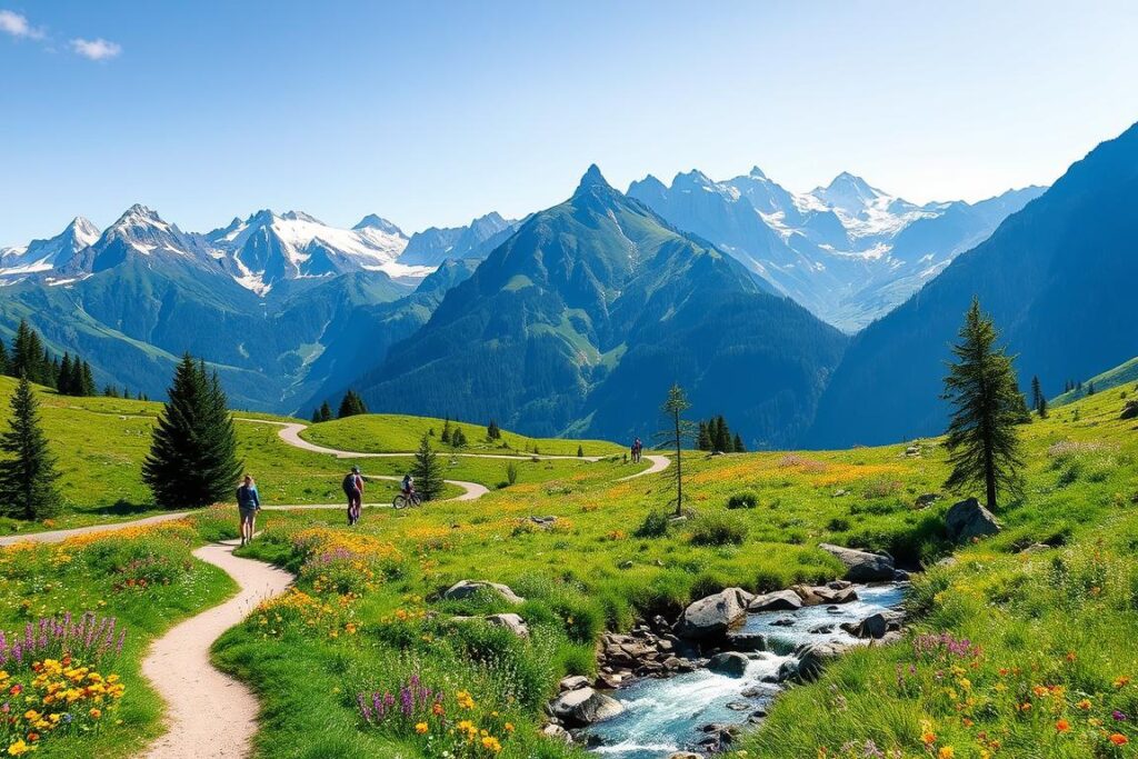 A lush, verdant alpine landscape in the Allgäu region of southern Germany. Majestic peaks of the Bavarian Alps rise in the distance, their snow-capped summits glowing in the warm sunlight. In the foreground, a winding trail leads through a meadow filled with vibrant wildflowers, inviting the viewer to explore the natural wonders of the area. A crystal-clear mountain stream cascades over rocks, its gentle sound adding to the serene atmosphere. Hikers and cyclists dot the scene, enjoying the abundance of free activities made possible by the Königscard Allgäu. The overall mood is one of tranquility and adventure, capturing the essence of the "over 200 free experiences" promised by the regional pass.