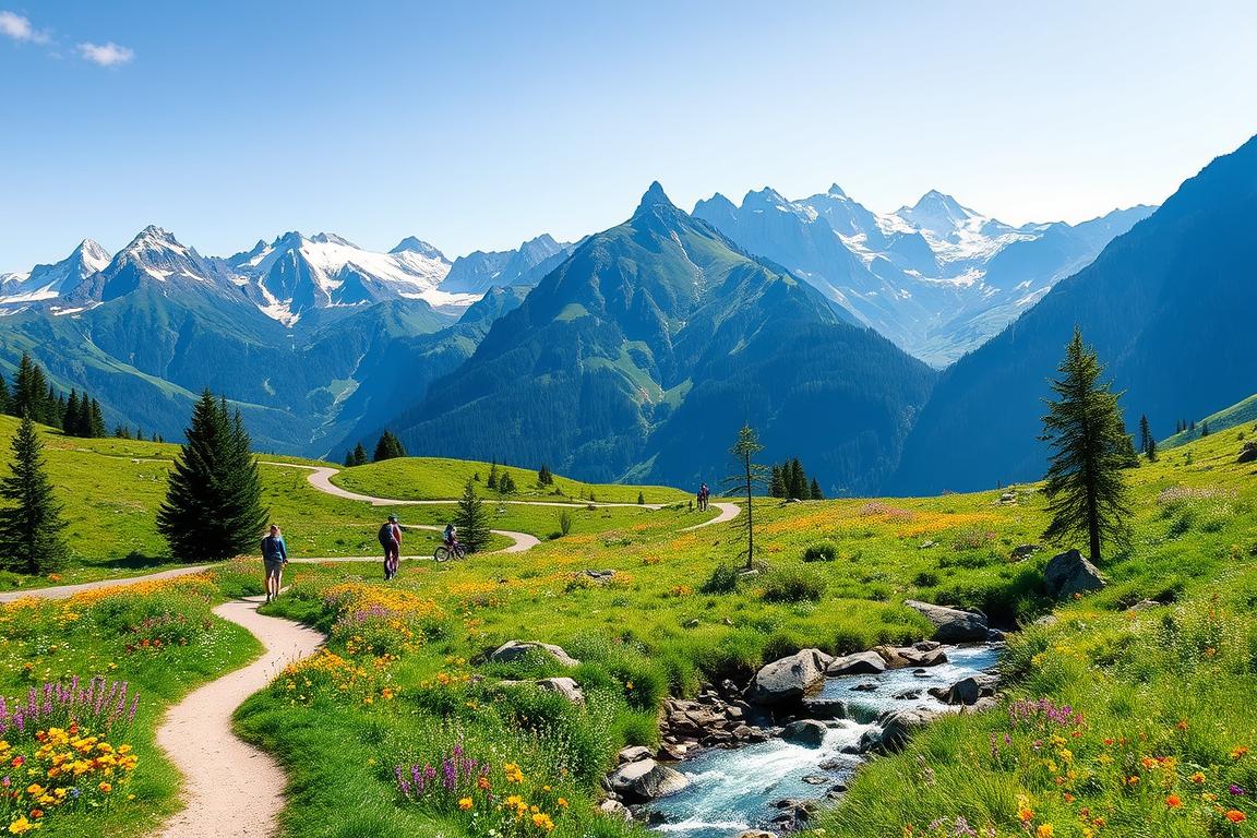 A lush, verdant alpine landscape in the Allgäu region of southern Germany. Majestic peaks of the Bavarian Alps rise in the distance, their snow-capped summits glowing in the warm sunlight. In the foreground, a winding trail leads through a meadow filled with vibrant wildflowers, inviting the viewer to explore the natural wonders of the area. A crystal-clear mountain stream cascades over rocks, its gentle sound adding to the serene atmosphere. Hikers and cyclists dot the scene, enjoying the abundance of free activities made possible by the Königscard Allgäu. The overall mood is one of tranquility and adventure, capturing the essence of the "over 200 free experiences" promised by the regional pass.