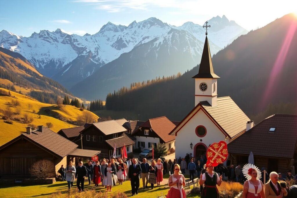 A majestic alpine landscape in the Allgäu region, with a traditional Bergmesse (mountain mass) taking place in a picturesque village nestled between rolling hills and towering peaks. The scene is bathed in warm, golden light, casting a reverent, serene atmosphere over the quaint church and its surrounding buildings. In the foreground, a procession of locals in traditional Bavarian dress makes its way towards the chapel, carrying ornate religious flags and symbols. The middle ground features the charming village, its tiled roofs and wooden structures blending seamlessly with the natural surroundings. In the distance, snow-capped mountains rise majestically, their imposing silhouettes framing the peaceful tableau. Overall, the image conveys the timeless, cherished tradition of Bergmessen in the Allgäu, a celebration of faith, community, and the awe-inspiring beauty of the alpine landscape.