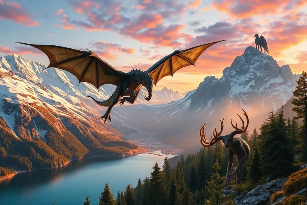 A majestic, snow-capped mountain landscape in the Allgäu region, with mythical creatures emerging from the rugged terrain. In the foreground, a mighty, winged dragon soars above a tranquil alpine lake, its scales shimmering in the warm, golden sunlight. In the middle ground, a group of enigmatic, humanoid figures with antler-like horns and mossy, bark-like skin peer out from a dense, enchanted forest. In the distance, a towering, winged figure with a stately, regal presence surveys the scene from atop a craggy peak, its form silhouetted against a vibrant, dusky sky. The entire image conveys a sense of ancient, primal magic and the timeless wonder of the Allgäu's mythical landscapes.