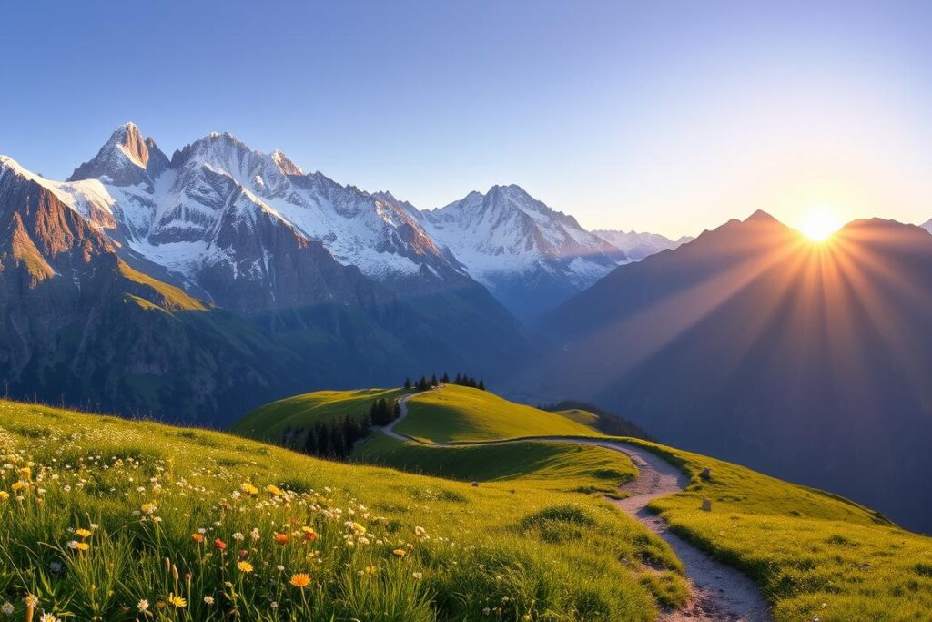 A panoramic view of the majestic Alps, their snow-capped peaks reaching towards the heavens. In the foreground, a lush green meadow dotted with wildflowers sways gently in the breeze. In the middle ground, a winding hiking trail leads up towards the towering mountains, inviting the viewer to embark on an adventurous journey. The background is dominated by the imposing silhouettes of the Alps, their rugged slopes bathed in warm, golden light as the sun dips below the horizon, casting a serene, almost ethereal glow over the entire scene. The image conveys a sense of tranquility, adventure, and the awe-inspiring beauty of the natural world. A panoramic view of the majestic Alps, their snow-capped peaks reaching towards the heavens. In the foreground, a lush green meadow dotted with wildflowers sways gently in the breeze. In the middle ground, a winding hiking trail leads up towards the towering mountains, inviting the viewer to embark on an adventurous journey. The background is dominated by the imposing silhouettes of the Alps, their rugged slopes bathed in warm, golden light as the sun dips below the horizon, casting a serene, almost ethereal glow over the entire scene. The image conveys a sense of tranquility, adventure, and the awe-inspiring beauty of the natural world.