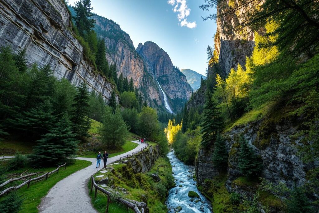 A picturesque gorge nestled in the Bavarian Alps, Hölltobel-Klamm features towering rock walls, cascading waterfalls, and a winding trail leading hikers through a lush, verdant landscape. Capture the rugged beauty of this natural wonder, with sunlight filtering through the trees and casting a warm glow over the dramatic cliffs. Compose the scene from a low angle, drawing the viewer's eye upwards towards the towering rock formations. Include the meandering stream cutting through the valley, its crystal-clear waters reflecting the surrounding scenery. Convey a sense of serene tranquility, inviting the viewer to immerse themselves in the untamed splendor of this picturesque Bavarian trail.