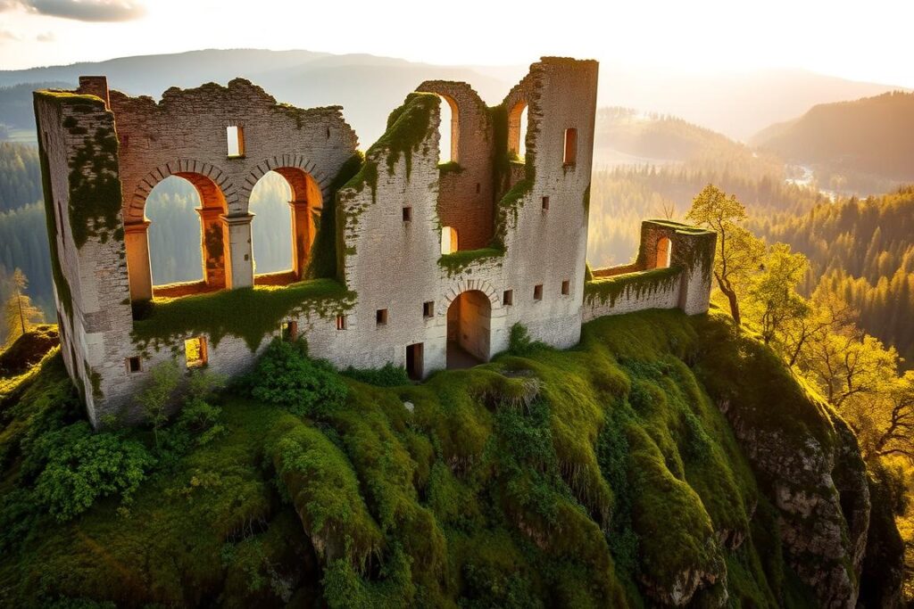 A picturesque medieval castle ruin perched atop a verdant hillside, the Highlights Burgruine Kalden stands in serene splendor. Sunlight filters through the crumbling stone arches, casting warm, golden hues across the weathered walls. Lush, mossy foliage cascades down the cliffs, framing the castle's silhouette against a backdrop of rolling, forested hills. The scene exudes a sense of timeless tranquility, inviting visitors to step back in time and immerse themselves in the historic charm of this captivating relic. Capture the essence of this captivating landmark through a detailed, wide-angle composition that showcases its breathtaking natural setting and enduring architectural beauty.