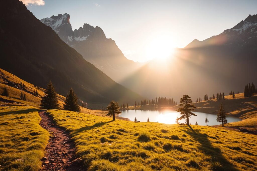 A picturesque mountain trailhead nestled in a lush alpine meadow, bathed in soft golden light as the sun crests the distant peaks. In the foreground, a well-marked path winds invitingly through the verdant grass, beckoning hikers to embark on their journey. Towering, snow-capped mountains rise majestically in the background, their jagged silhouettes mirrored in a pristine mountain lake. Scattered pine trees dot the landscape, casting long shadows across the scene. The air is crisp and invigorating, capturing the essence of an idyllic starting point for a memorable hiking adventure. A picturesque mountain trailhead nestled in a lush alpine meadow, bathed in soft golden light as the sun crests the distant peaks. In the foreground, a well-marked path winds invitingly through the verdant grass, beckoning hikers to embark on their journey. Towering, snow-capped mountains rise majestically in the background, their jagged silhouettes mirrored in a pristine mountain lake. Scattered pine trees dot the landscape, casting long shadows across the scene. The air is crisp and invigorating, capturing the essence of an idyllic starting point for a memorable hiking adventure.