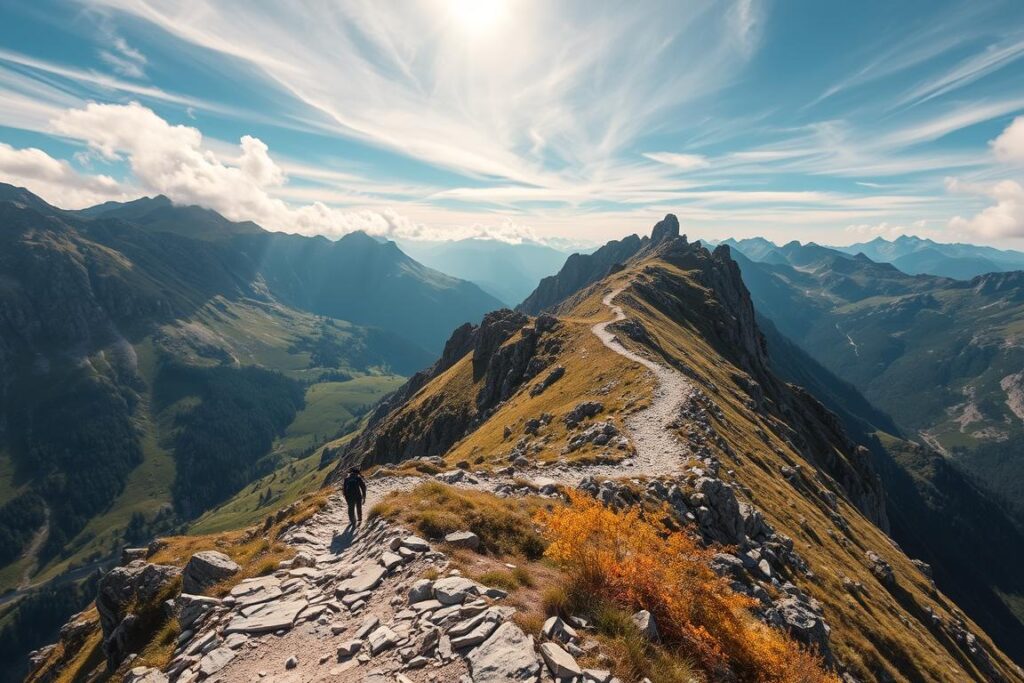 A rugged mountain trail winding through a dramatic alpine landscape, the Grünten-Überschreitung presents a challenging hiking route. Capture the scene with a wide-angle lens to showcase the towering peaks, craggy rock formations, and lush, verdant slopes. Illuminate the path with natural sunlight filtering through wispy clouds, casting shadows and highlights that accentuate the trail's steep inclines and treacherous sections. Convey a sense of solitude and adventure, with the solitary hiker navigating the trail's twists and turns. Subtle hints of autumn foliage add pops of color to the earthy tones of the rocky terrain. Overall, the image should evoke the technical difficulty and majestic beauty of this iconic German mountain crossing.