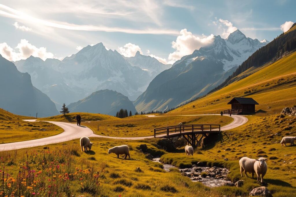 A scenic mountain road winds through lush alpine meadows, leading to the Abenteuer Alpe in the distance. The foreground is dotted with wildflowers and grazing sheep, while the middle ground features a rustic wooden bridge crossing a babbling brook. Towering snow-capped peaks rise majestically in the background, bathed in warm, golden sunlight filtering through wispy clouds. The atmosphere is one of peaceful tranquility, inviting visitors to embark on an adventure in this idyllic alpine setting.