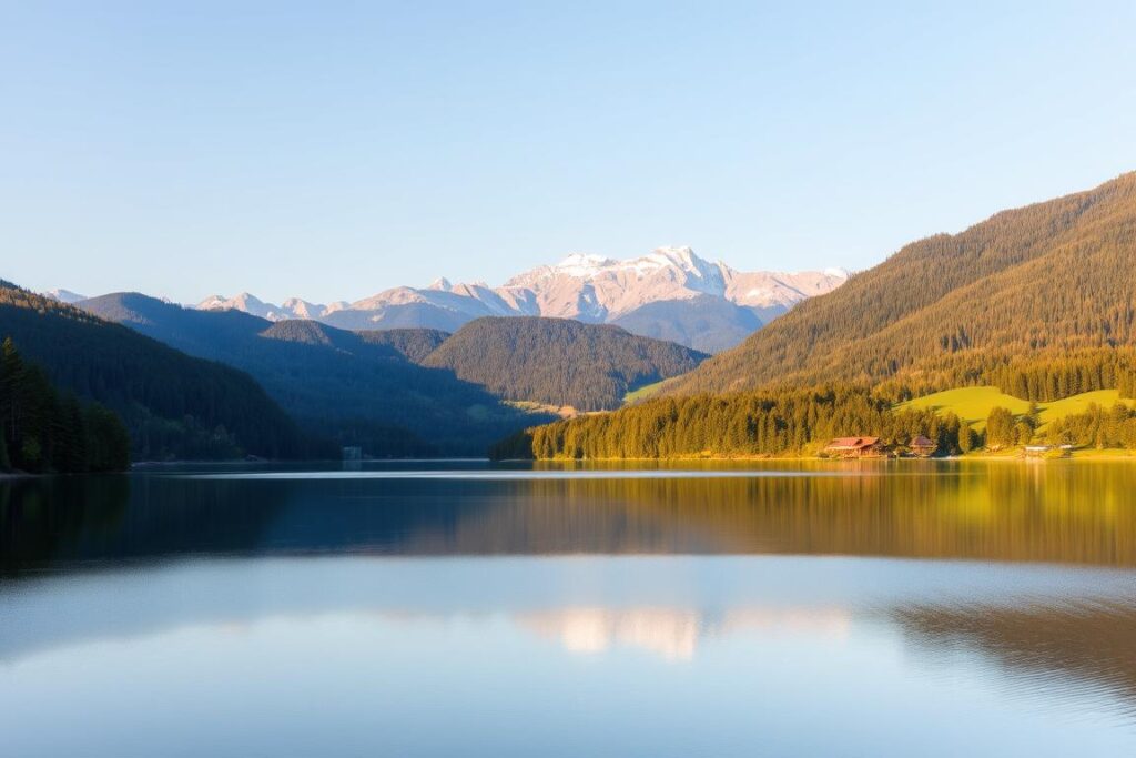 A serene, scenic landscape of the Lage Forggensee, a picturesque lake nestled amidst the rolling hills of the Bavarian countryside. In the foreground, the calm, mirror-like surface of the lake reflects the surrounding trees and mountains, creating a tranquil, almost ethereal atmosphere. In the middle ground, lush, verdant forests climb the gentle slopes, their verdant hues complemented by the azure sky above. In the background, the majestic peaks of the Allgäu Alps rise majestically, their snow-capped summits glimmering in the soft, golden light of the setting sun. The scene is bathed in a warm, golden glow, evoking a sense of serenity and natural beauty. Captured with a wide-angle lens to showcase the expansive, panoramic vista, this image perfectly captures the picturesque appeal of the Lage Forggensee.