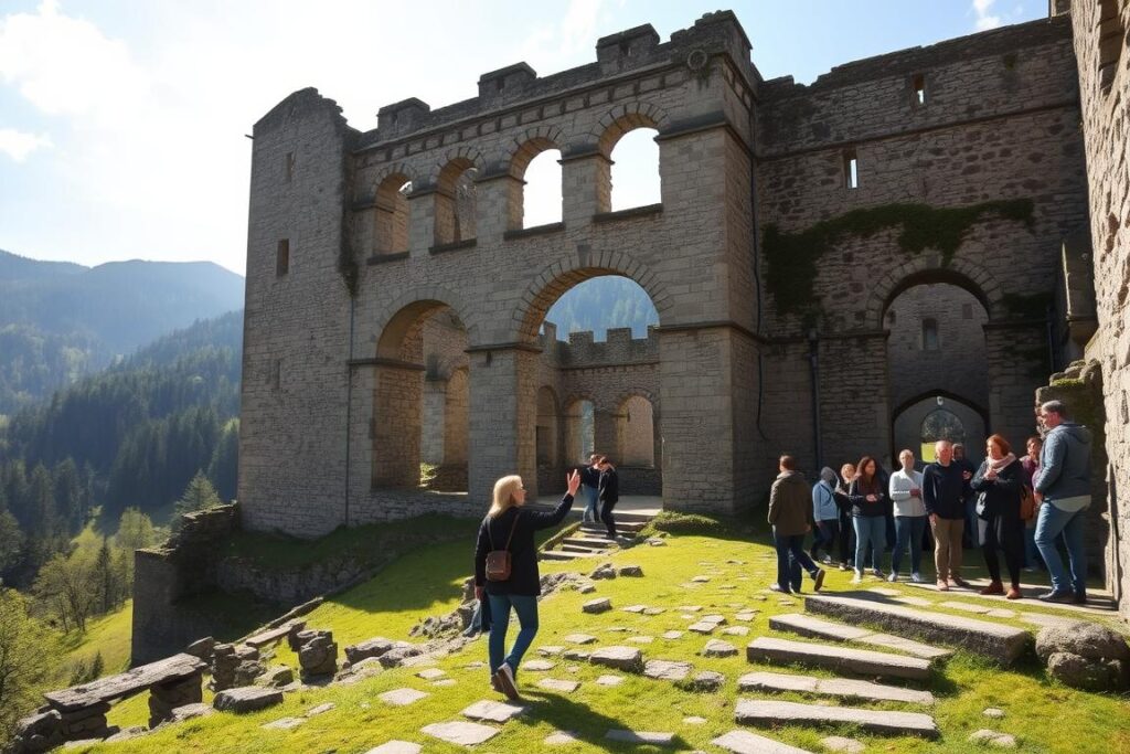 A sprawling medieval castle ruin set against a picturesque mountainous landscape. The weathered stone walls of the Burgruine Alt-Trauchburg stand tall, their ancient architecture casting long shadows across the verdant forest floor. Sunlight filters through the crumbling archways, illuminating the moss-covered ruins and inviting visitors to explore the site's storied past. In the foreground, a guided tour group carefully navigates the uneven terrain, their tour guide gesturing animatedly as they uncover the secrets of this historic landmark. The atmosphere is one of reverence and discovery, with a sense of the castle's former grandeur palpable in every crumbling brick. A wide-angle lens captures the scale and majesty of the Burgruine Alt-Trauchburg, inviting the viewer to step back in time and experience the thrill of an authentic castle ruin tour.