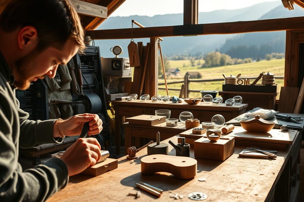 A traditional Allgäu workshop with a modern twist. In the foreground, a skilled artisan works on a cutting-edge, precision-engineered product, their hands deftly guiding the latest tools. The middle ground showcases a range of innovative handcrafted items, blending timeless techniques with contemporary design. In the background, a serene Allgäu landscape provides a natural backdrop, hinting at the region's enduring heritage. Warm, natural lighting illuminates the scene, casting a soft glow and highlighting the juxtaposition of old and new. The overall atmosphere conveys a harmonious fusion of Allgäu craftsmanship and visionary thinking, a testament to the region's ability to preserve tradition while embracing the future.