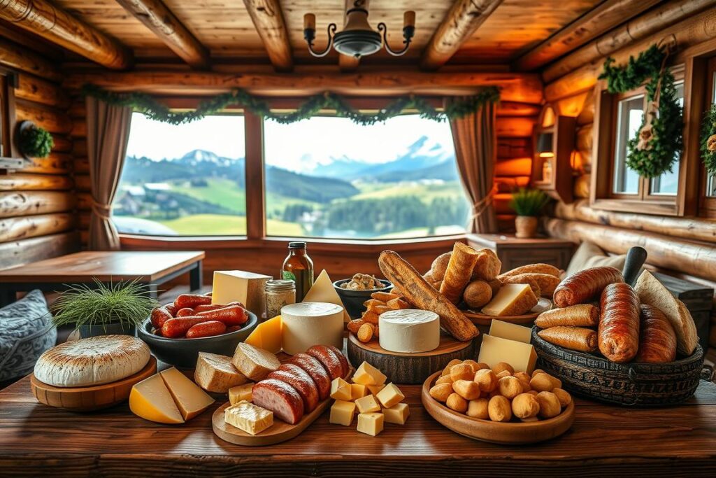 A traditional alpine setting in the heart of the Allgäu region, showcasing an array of local specialties. In the foreground, a rustic wooden table laden with a variety of Allgäu delicacies - fragrant cheeses, hearty sausages, crusty breads, and rich, creamy butter. Surrounding the table, cozy wooden benches and traditional Bavarian decor, with warm lighting casting a golden glow. In the middle ground, a glimpse of rolling green hills and snow-capped peaks beyond the cabin windows, hinting at the picturesque Allgäu landscape. The scene exudes a sense of tradition, comfort, and the joy of indulging in the region's finest culinary offerings.