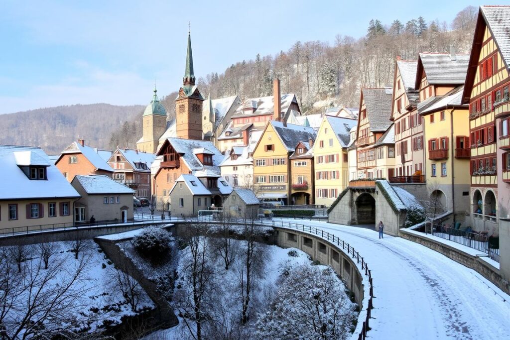 Ein Bild der Altstadt von Füssen im Winter, mit Schnee bedeckt. Ein Bild der Altstadt von Füssen im Winter, mit Schnee bedeckt.