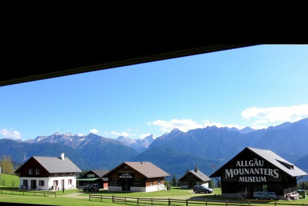 Ein Bild des Allgäuer Bergbauernmuseums in Immenstadt-Diepolz, umgeben von einer atemberaubenden Bergkulisse.