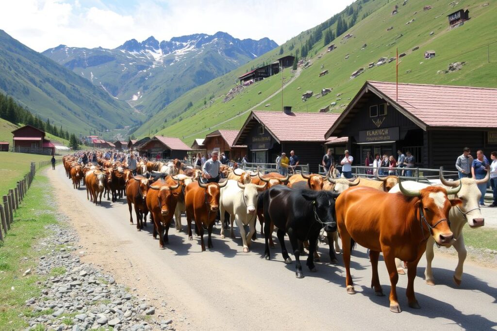 Ein Bild von Bad Hindelang mit einer großen Viehscheid-Prozession Ein Bild von Bad Hindelang mit einer großen Viehscheid-Prozession