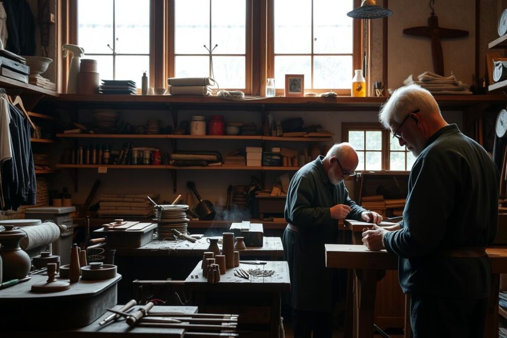 Ein Bild von Handwerkern bei der Arbeit in einer traditionellen Allgäuer Werkstatt