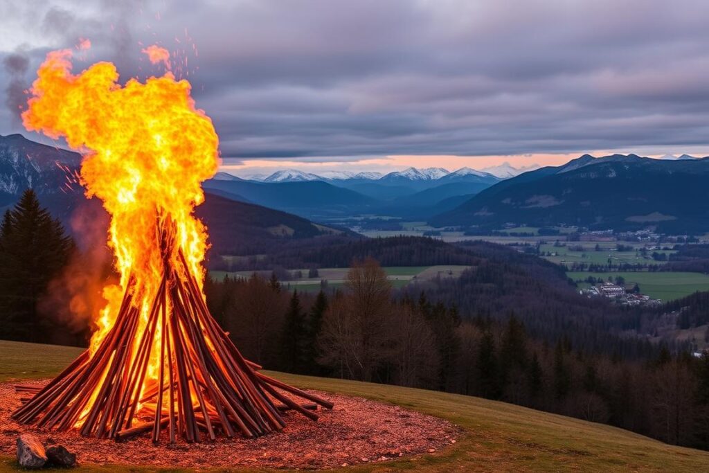Ein Bild von Oy-Mittelberg mit seinem imposanten Funkenfeuer vor der malerischen Allgäuer Bergkulisse