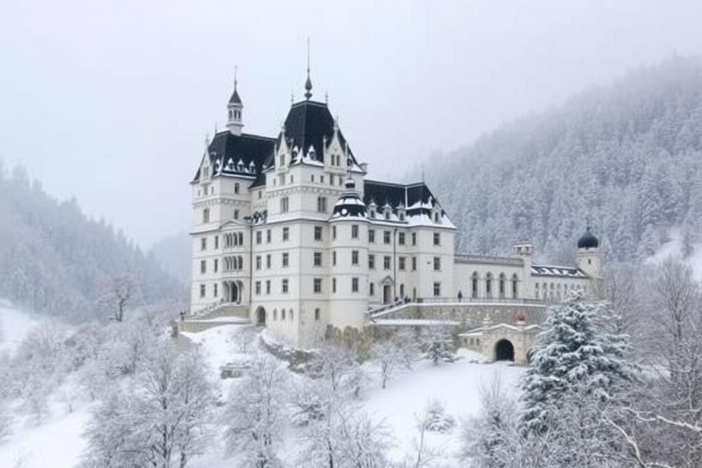 Ein Bild von Schloss Hohenschwangau im Winter, mit Schnee bedeckt. Ein Bild von Schloss Hohenschwangau im Winter, mit Schnee bedeckt.