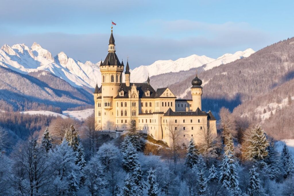 Ein Bild von Schloss Neuschwanstein im Winter, umgeben von schneebedeckten Bergen. Ein Bild von Schloss Neuschwanstein im Winter, umgeben von schneebedeckten Bergen.