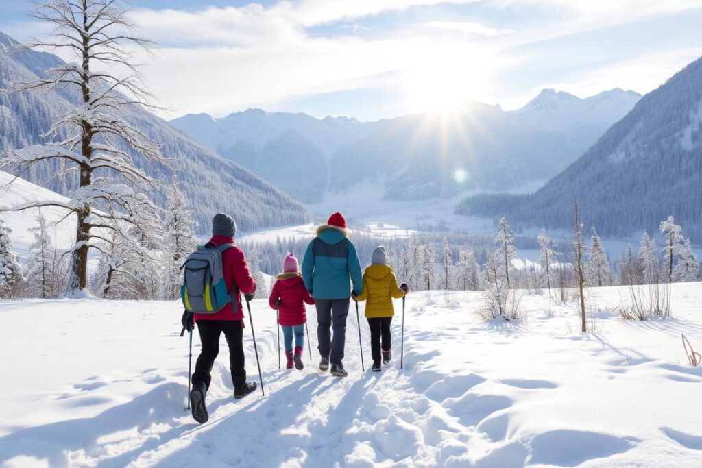 Eine Familie bei einer Winterwanderung durch die verschneite Landschaft des Allgäus. Eine Familie bei einer Winterwanderung durch die verschneite Landschaft des Allgäus.