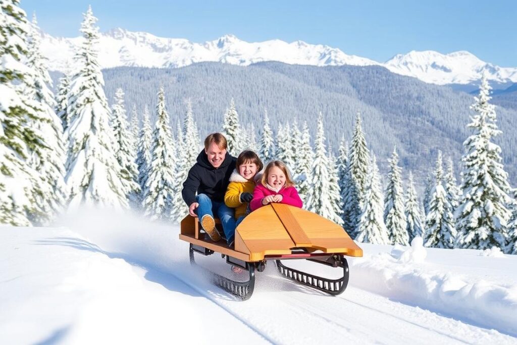 Eine Familie rast mit einem Rodel auf der Alpsee Coaster-Bahn durch die winterliche Landschaft. Eine Familie rast mit einem Rodel auf der Alpsee Coaster-Bahn durch die winterliche Landschaft.