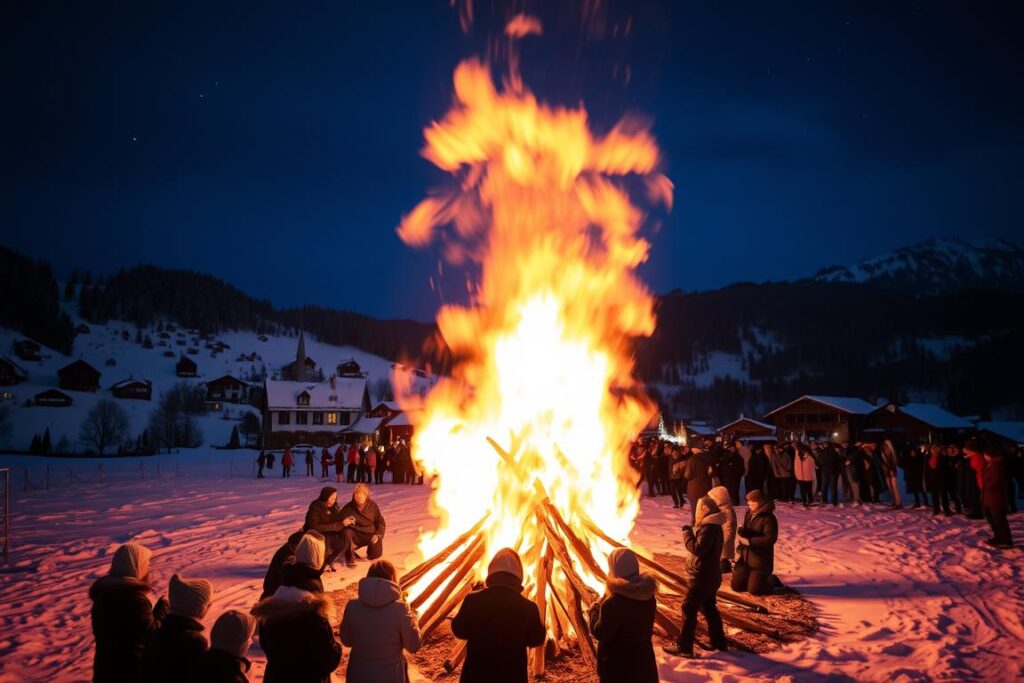 Funkenfeuer (Frühjahrsbrauch zur Winteraustreibung) im Allgäu