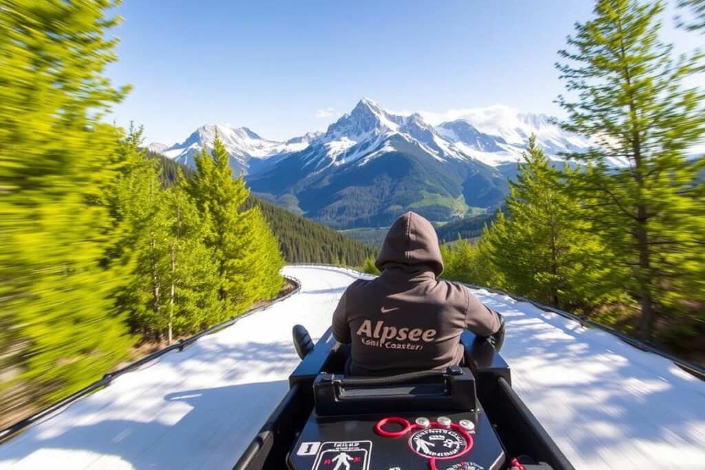 Generiere ein Bild von einer Person, die auf dem Alpsee Coaster rodelnd durch eine malerische Berglandschaft fährt. Generiere ein Bild von einer Person, die auf dem Alpsee Coaster rodelnd durch eine malerische Berglandschaft fährt.