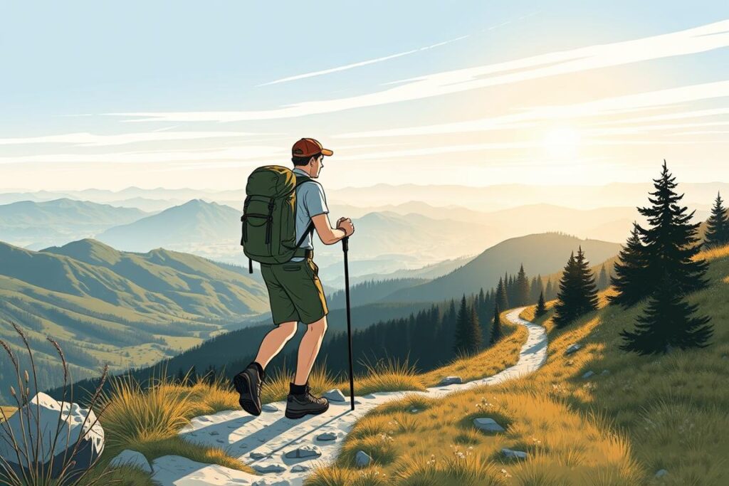 Image of a hiker on the Bergwaldpfad with breathtaking views