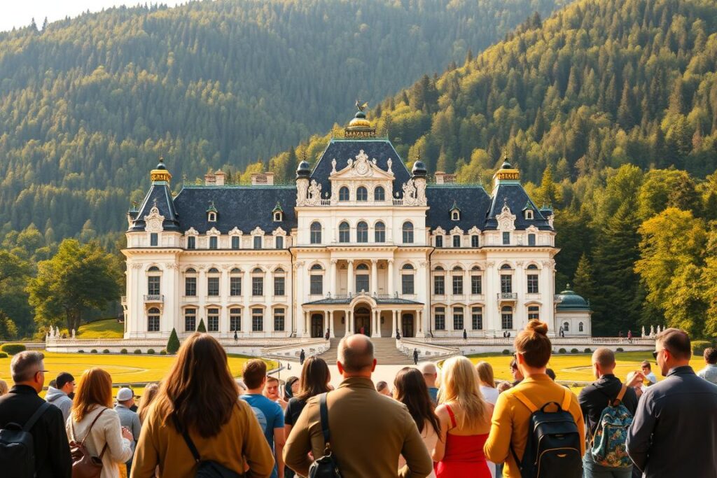 Schloss Linderhof Tickets: A Regal Encounter A grand, ornate palace set against a backdrop of lush, verdant hills. The façade of Schloss Linderhof, a masterpiece of 19th-century Bavarian architecture, commands attention, its intricate carvings and gleaming white marble radiating an aura of enchantment. In the foreground, a group of visitors stand in awe, holding their tickets, eager to step into the realm of King Ludwig II's fabled dreams. The scene is bathed in warm, golden light, creating a sense of timelessness and wonder, as if the castle itself has emerged from the pages of a fairy tale.